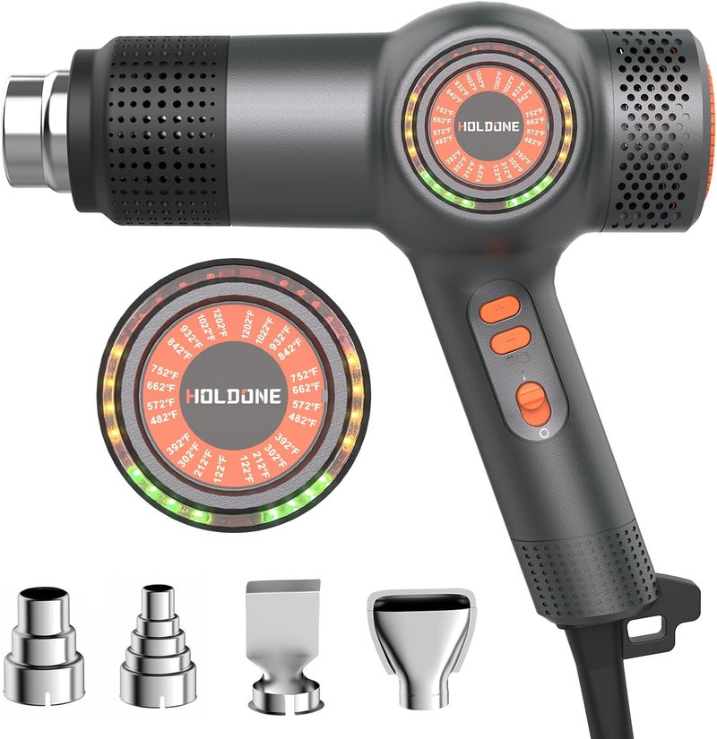 Holdone Heat Gun Fast Heating 1800W 122℉-1202℉ LED 3-color light to display temperature Shrink wrap heat gun with 4 Nozzles for Soften,Car film,Drying - Image 1